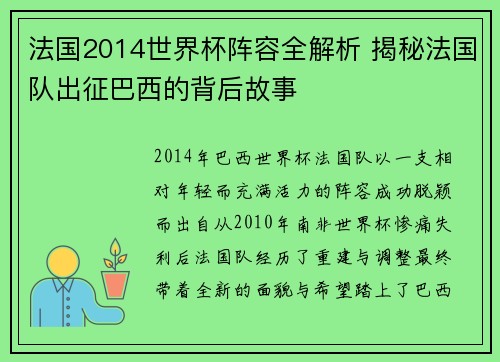 法国2014世界杯阵容全解析 揭秘法国队出征巴西的背后故事